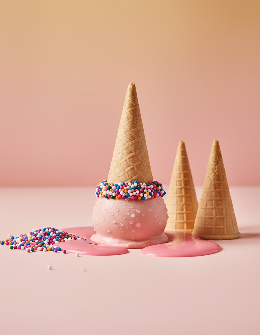 Ice-cream-cone-shaped cake pops dipped in pink coating with a mini sugar cone