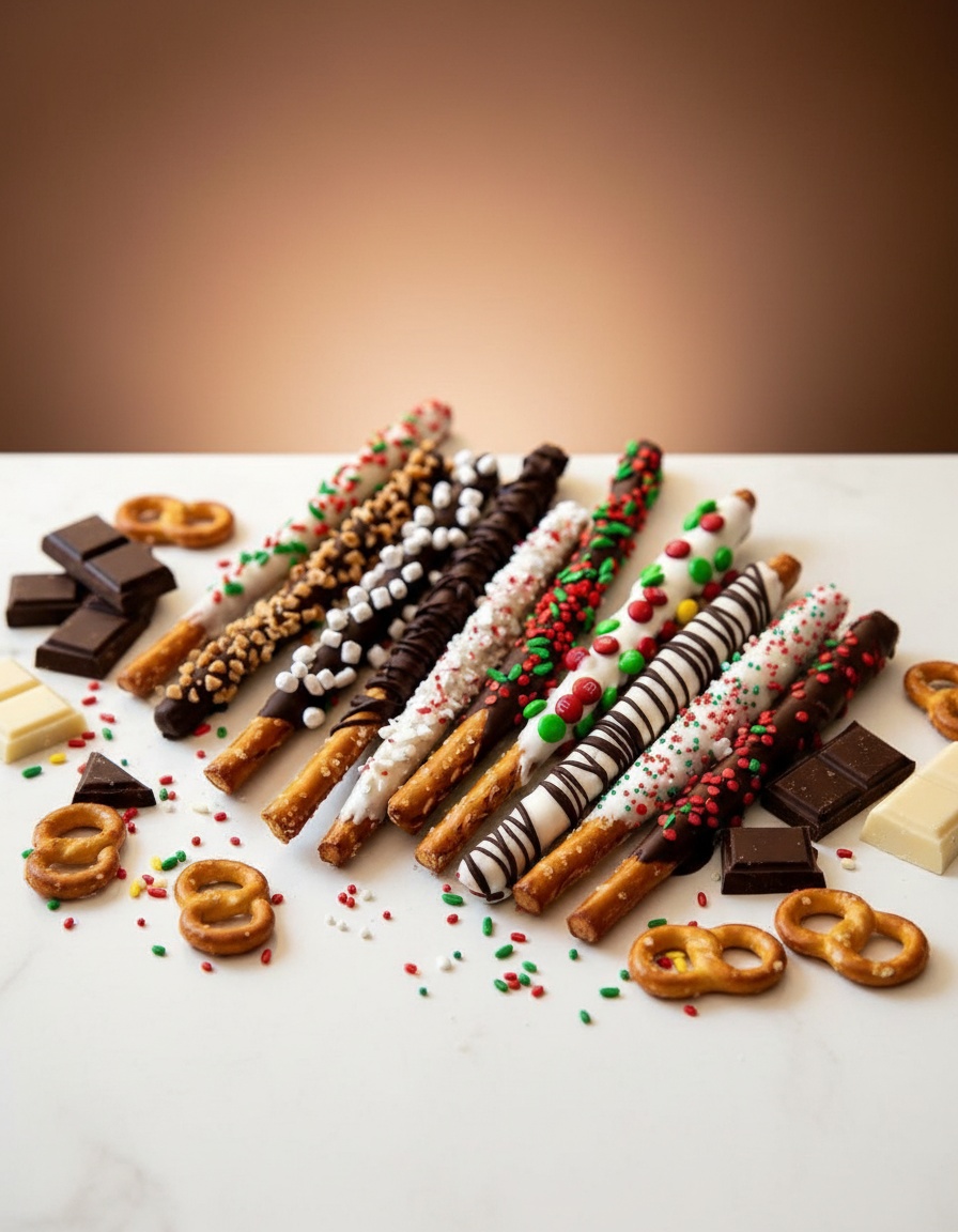 Chocolate-dipped pretzel rods individually wrapped